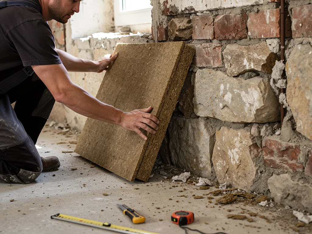 Pose de panneaux en fibre de bois contre un mur ancien avant finition
