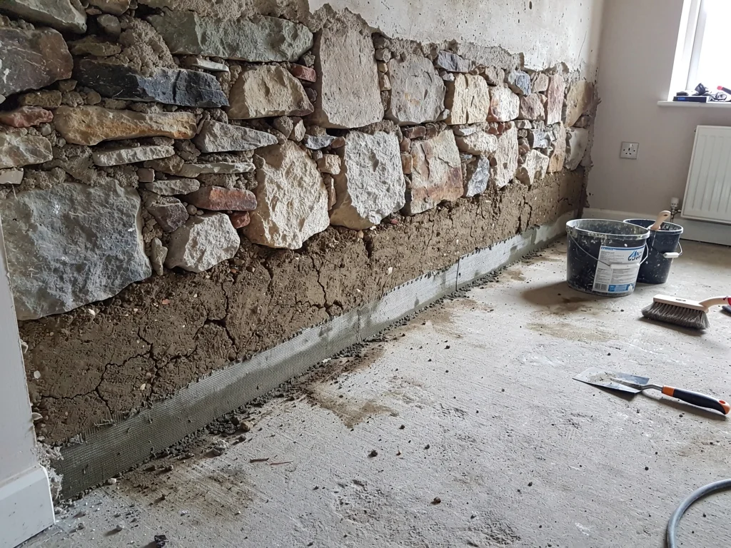 Bas de mur ancien traité contre les remontées capillaires avant isolation