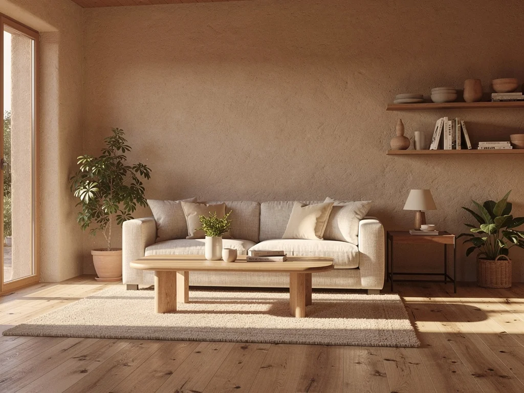 Séjour d'une maison en pisé rénovée, murs isolés et enduits clairs